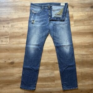 Diesel Buster Jeans Men 36x32 Blue Slim Tapered Stretch Dark Wash Thrashed 0833F